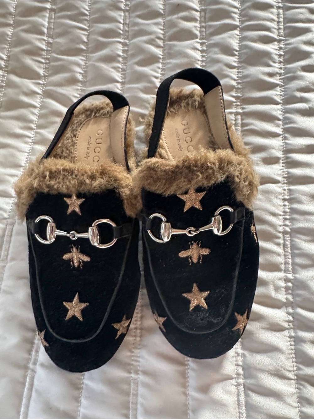 Gucci Black Velvet Star Embroidered Fur-Lined Horsebit Slippers
